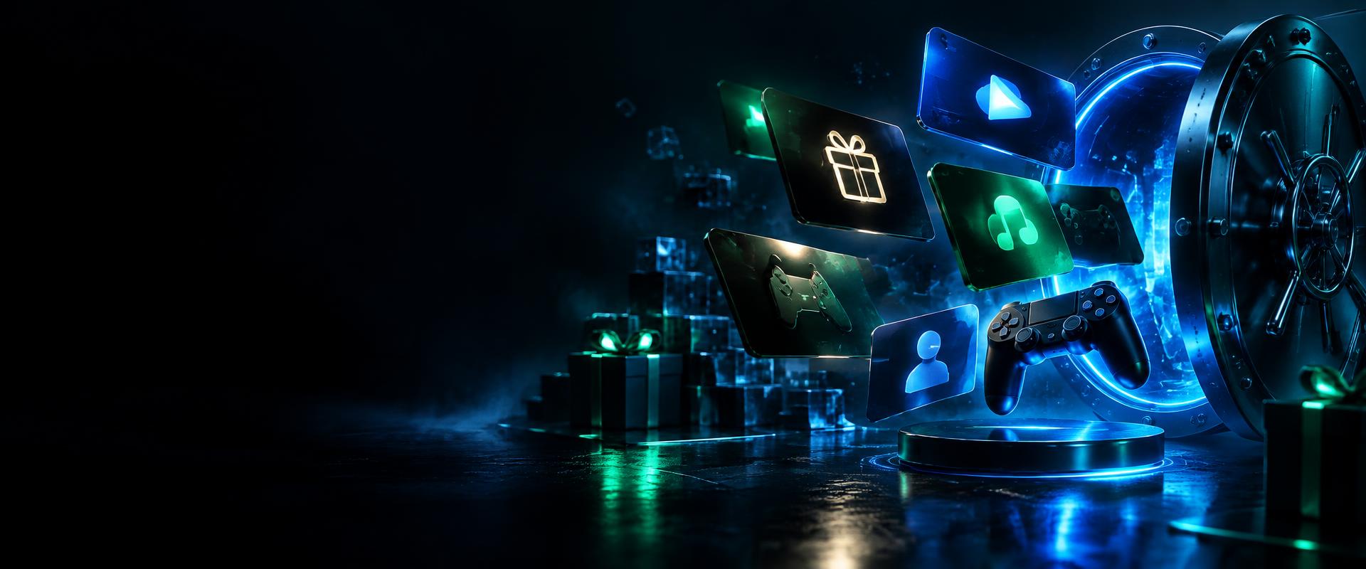 Digital products flying out of a glowing vault